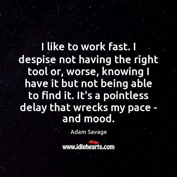 I like to work fast. I despise not having the right tool Adam Savage Picture Quote