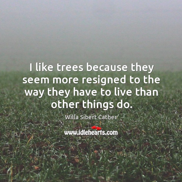 I like trees because they seem more resigned to the way they have to live than other things do. Willa Sibert Cather Picture Quote