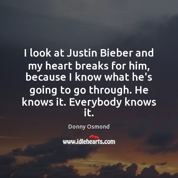 I look at Justin Bieber and my heart breaks for him, because Donny Osmond Picture Quote
