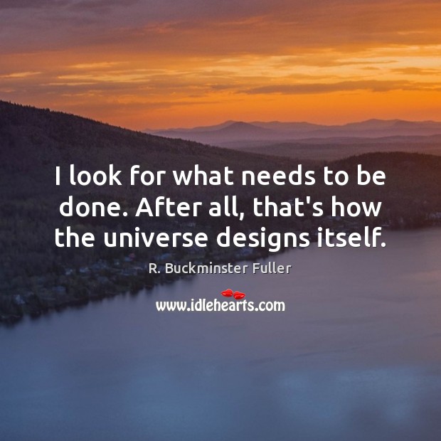 I look for what needs to be done. After all, that’s how the universe designs itself. R. Buckminster Fuller Picture Quote