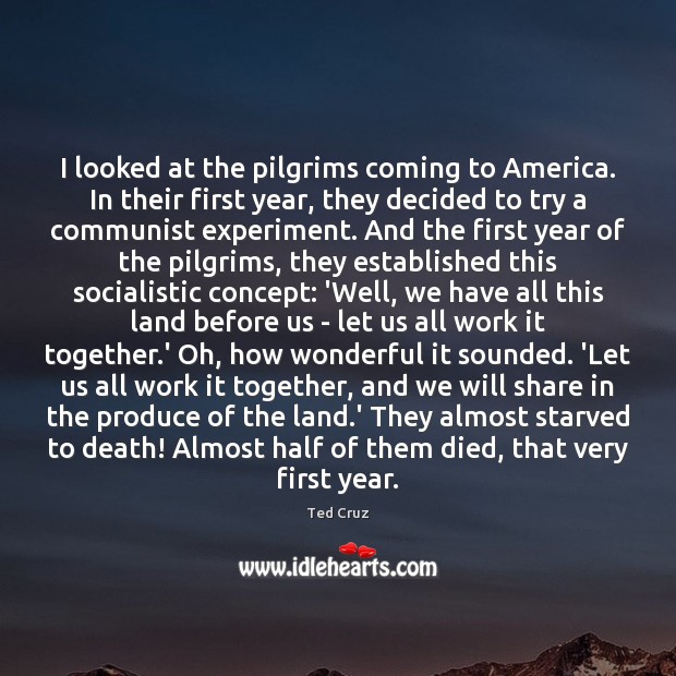 I looked at the pilgrims coming to America. In their first year, Ted Cruz Picture Quote