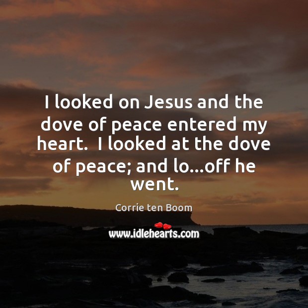 I looked on Jesus and the dove of peace entered my heart. Corrie ten Boom Picture Quote