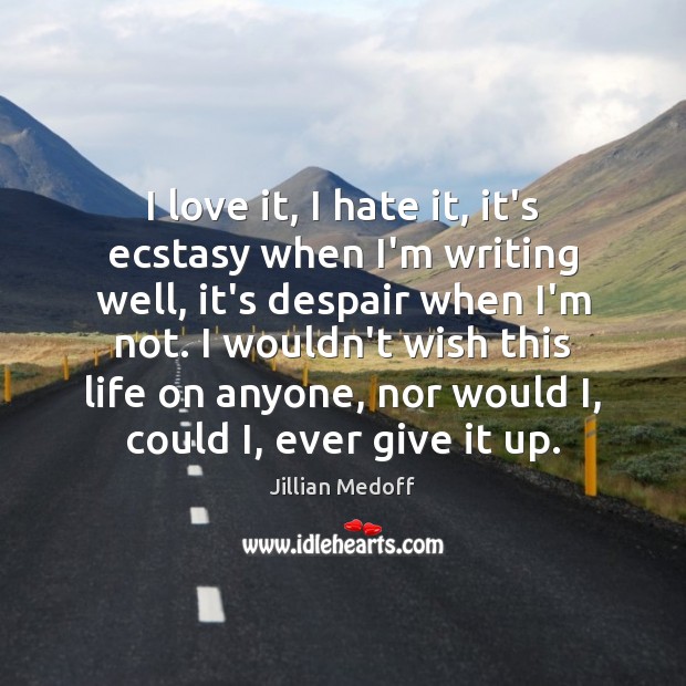 I love it, I hate it, it’s ecstasy when I’m writing well, Jillian Medoff Picture Quote