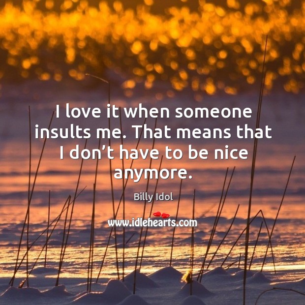 I love it when someone insults me. That means that I don’t have to be nice anymore. Billy Idol Picture Quote