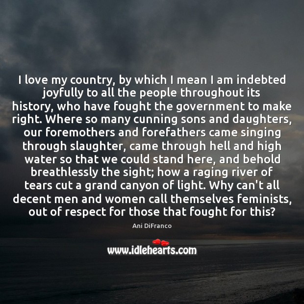 I love my country, by which I mean I am indebted joyfully Ani DiFranco Picture Quote