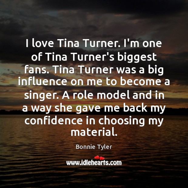 I love Tina Turner. I’m one of Tina Turner’s biggest fans. Tina Bonnie Tyler Picture Quote