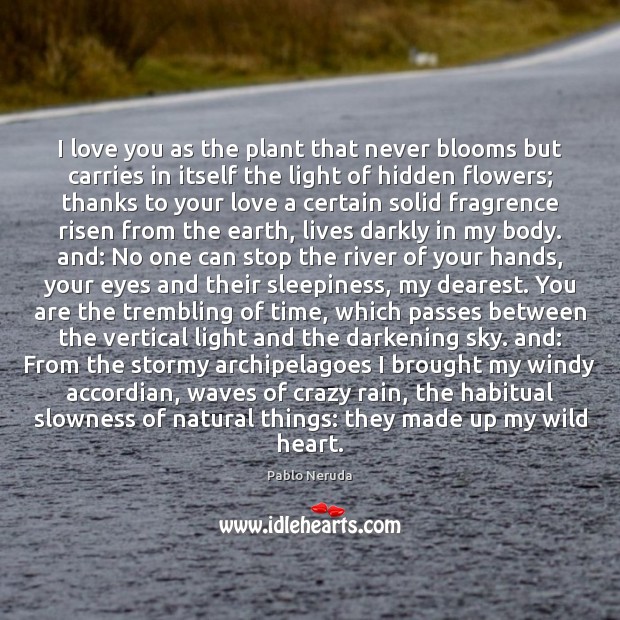 I love you as the plant that never blooms but carries in Pablo Neruda Picture Quote