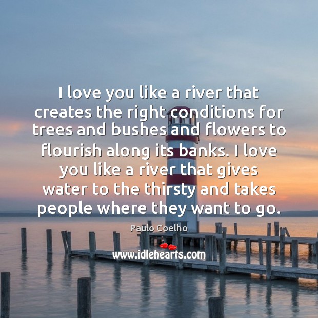 I love you like a river that creates the right conditions for Paulo Coelho Picture Quote