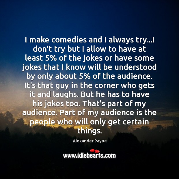 I make comedies and I always try…I don’t try but I Alexander Payne Picture Quote