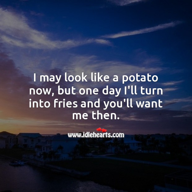 I may look like a potato now, but one day I’ll turn into fries and you’ll want me then. Funny Love Quotes Image