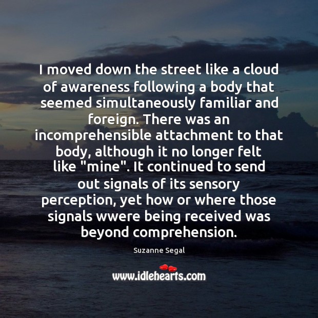 I moved down the street like a cloud of awareness following a Suzanne Segal Picture Quote