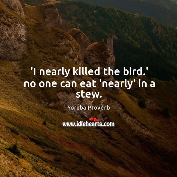 ‘I nearly killed the bird.’ no one can eat ‘nearly’ in a stew. Yoruba Proverbs Image