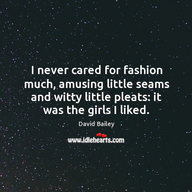 I never cared for fashion much, amusing little seams and witty little pleats: it was the girls I liked. David Bailey Picture Quote