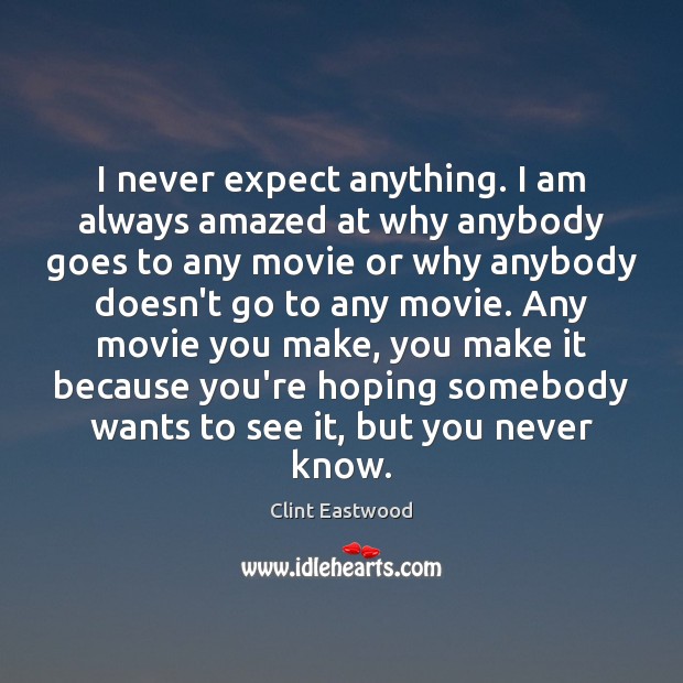 I never expect anything. I am always amazed at why anybody goes Clint Eastwood Picture Quote