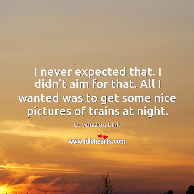 I never expected that. I didn’t aim for that. All I wanted was to get some nice pictures of trains at night. O. Winston Link Picture Quote