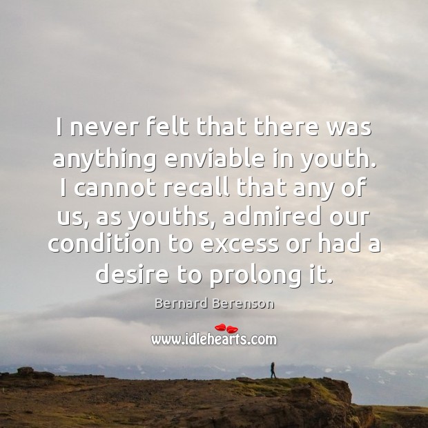 I never felt that there was anything enviable in youth. I cannot Bernard Berenson Picture Quote