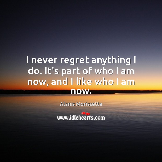 I never regret anything I do. It’s part of who I am now, and I like who I am now. Never Regret Quotes Image