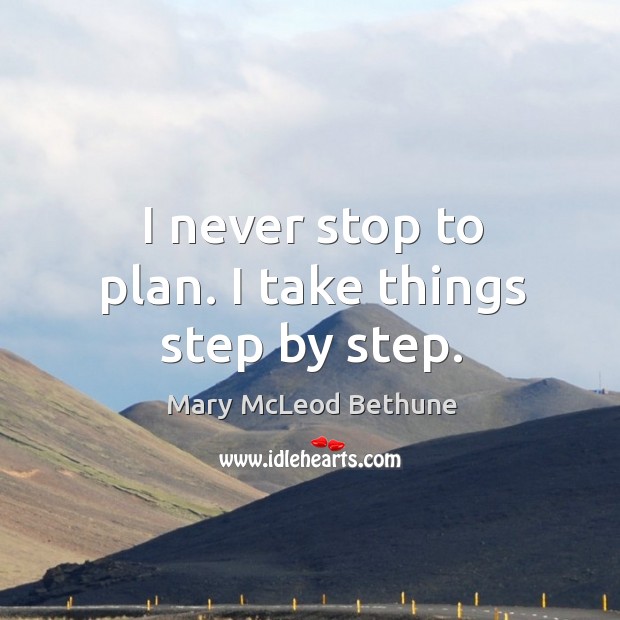 I never stop to plan. I take things step by step. Mary McLeod Bethune Picture Quote