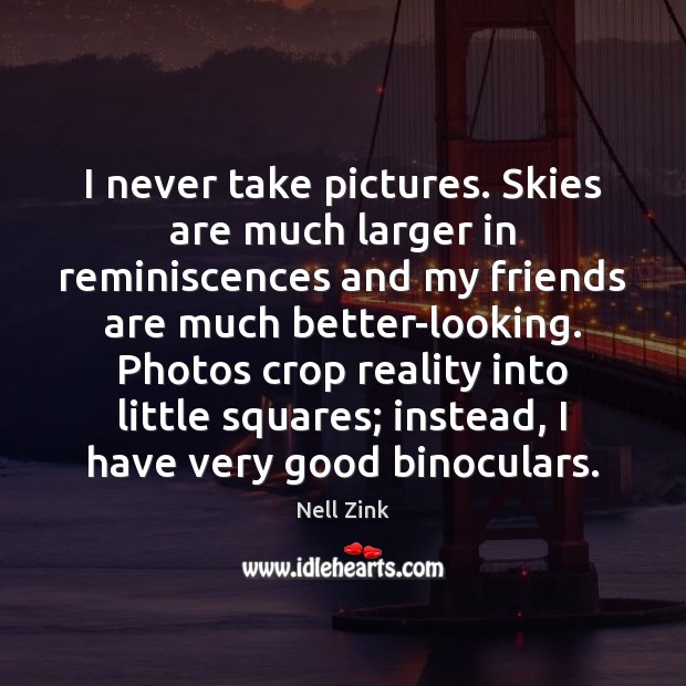 I never take pictures. Skies are much larger in reminiscences and my Nell Zink Picture Quote