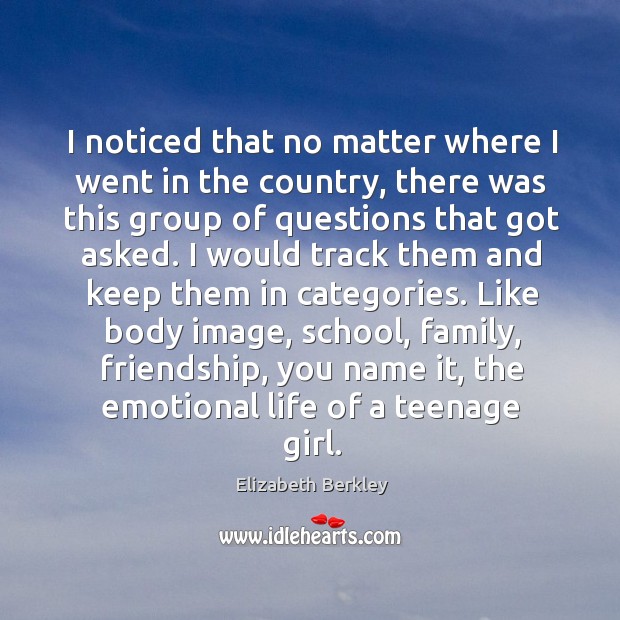 I noticed that no matter where I went in the country, there was this group of questions Elizabeth Berkley Picture Quote