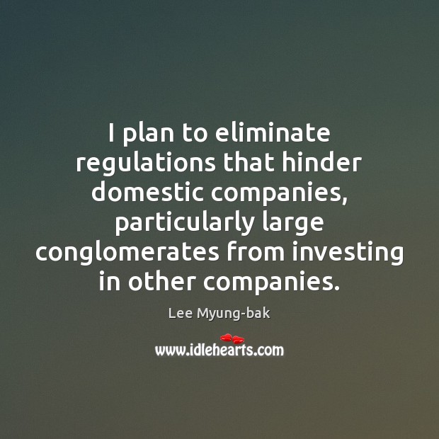 I plan to eliminate regulations that hinder domestic companies, particularly large conglomerates Lee Myung-bak Picture Quote
