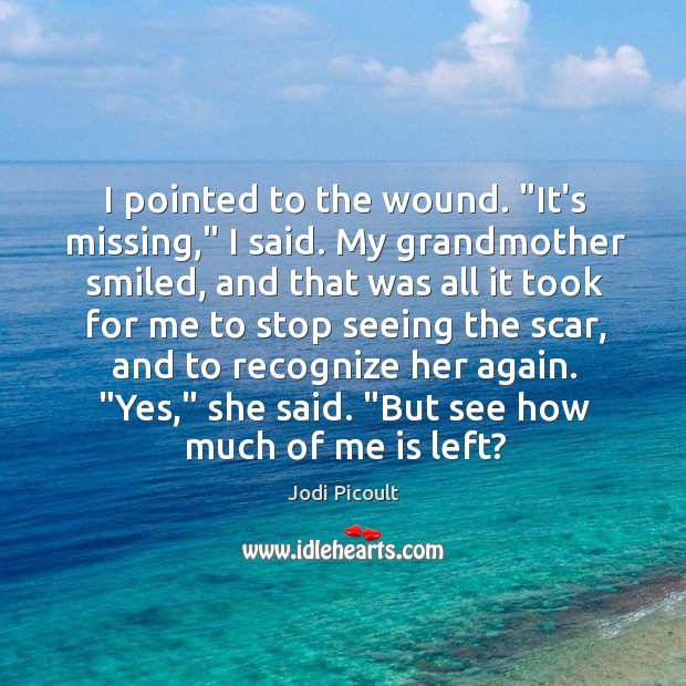 I pointed to the wound. “It’s missing,” I said. My grandmother smiled, Jodi Picoult Picture Quote