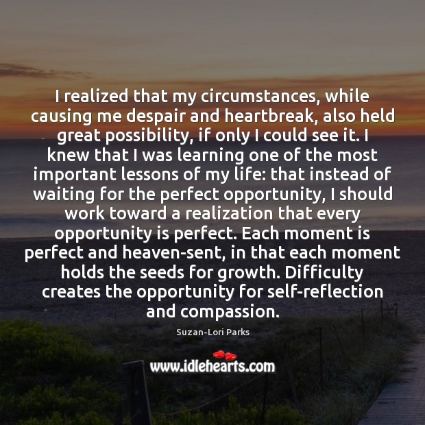 I realized that my circumstances, while causing me despair and heartbreak, also Suzan-Lori Parks Picture Quote