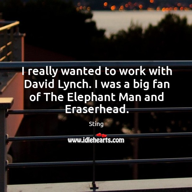 I really wanted to work with david lynch. I was a big fan of the elephant man and eraserhead. Sting Picture Quote