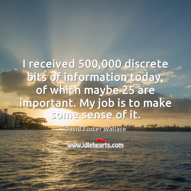 I received 500,000 discrete bits of information today, of which maybe 25 are important. David Foster Wallace Picture Quote