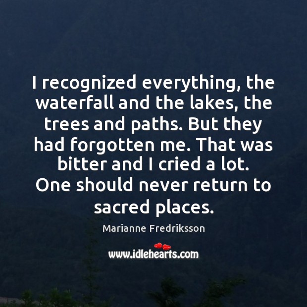 I recognized everything, the waterfall and the lakes, the trees and paths. Marianne Fredriksson Picture Quote