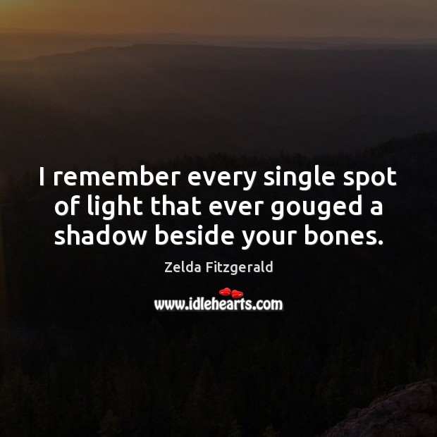 I remember every single spot of light that ever gouged a shadow beside your bones. Zelda Fitzgerald Picture Quote