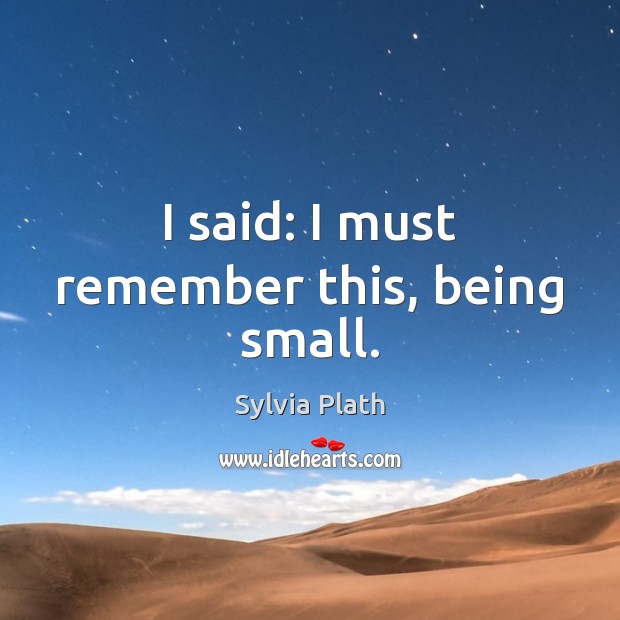I said: I must remember this, being small. Sylvia Plath Picture Quote