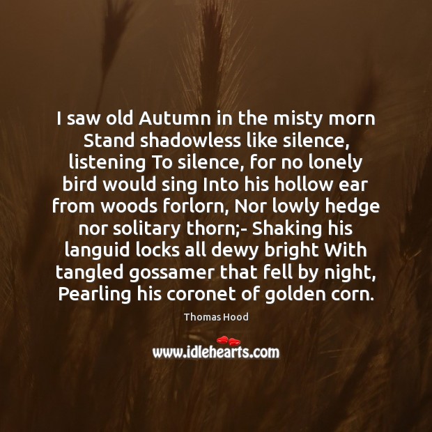 I saw old Autumn in the misty morn Stand shadowless like silence, Thomas Hood Picture Quote