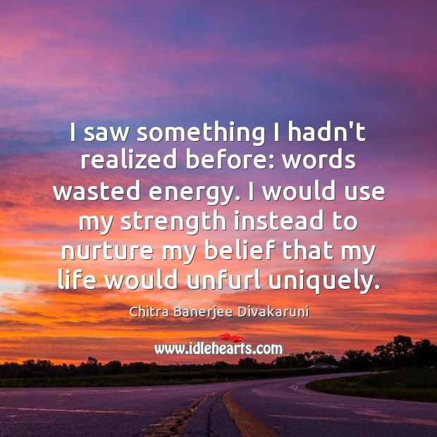 I saw something I hadn’t realized before: words wasted energy. I would Chitra Banerjee Divakaruni Picture Quote