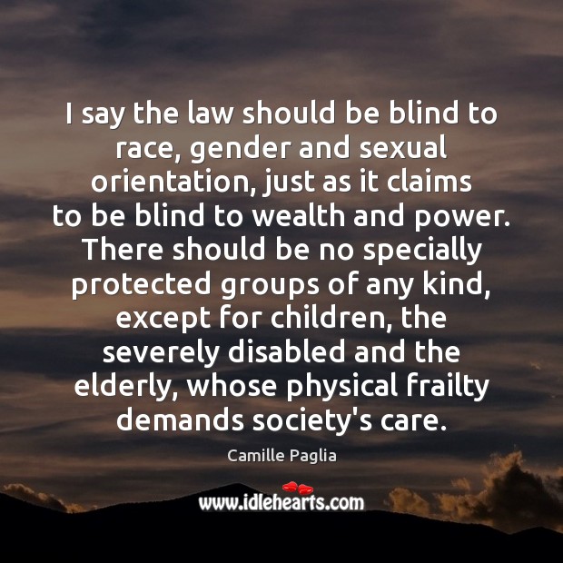 I say the law should be blind to race, gender and sexual Camille Paglia Picture Quote