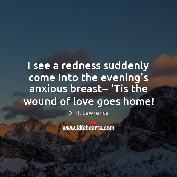 I see a redness suddenly come Into the evening’s anxious breast– ‘Tis D. H. Lawrence Picture Quote