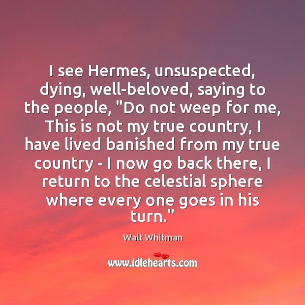 I see Hermes, unsuspected, dying, well-beloved, saying to the people, “Do not Walt Whitman Picture Quote