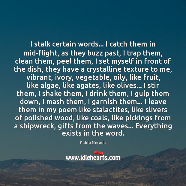 I stalk certain words… I catch them in mid-flight, as they buzz Pablo Neruda Picture Quote