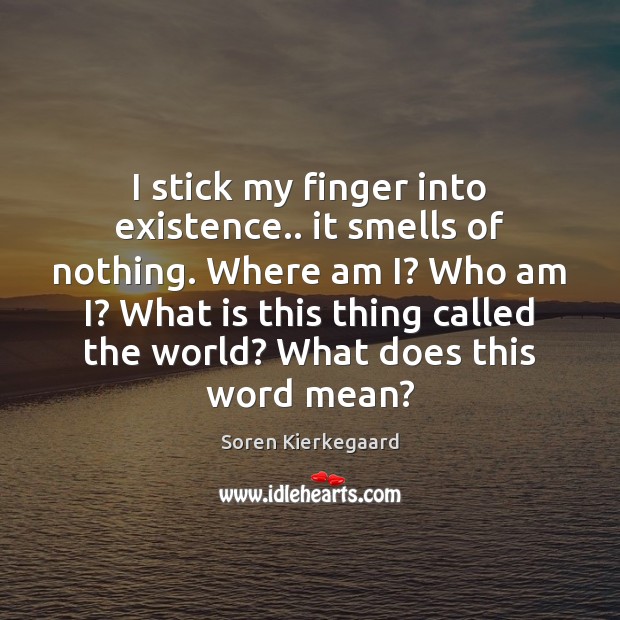 I stick my finger into existence.. it smells of nothing. Where am Soren Kierkegaard Picture Quote