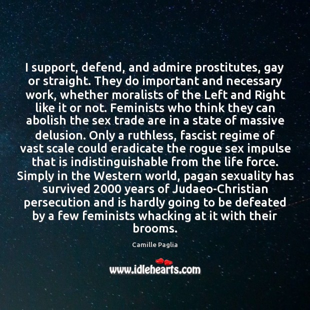 I support, defend, and admire prostitutes, gay or straight. They do important 