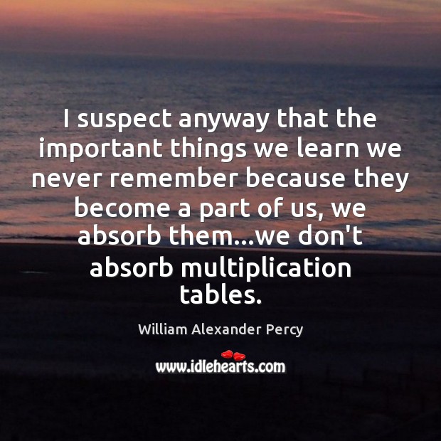 I suspect anyway that the important things we learn we never remember William Alexander Percy Picture Quote