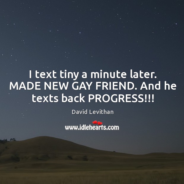 I text tiny a minute later. MADE NEW GAY FRIEND. And he texts back PROGRESS!!! David Levithan Picture Quote
