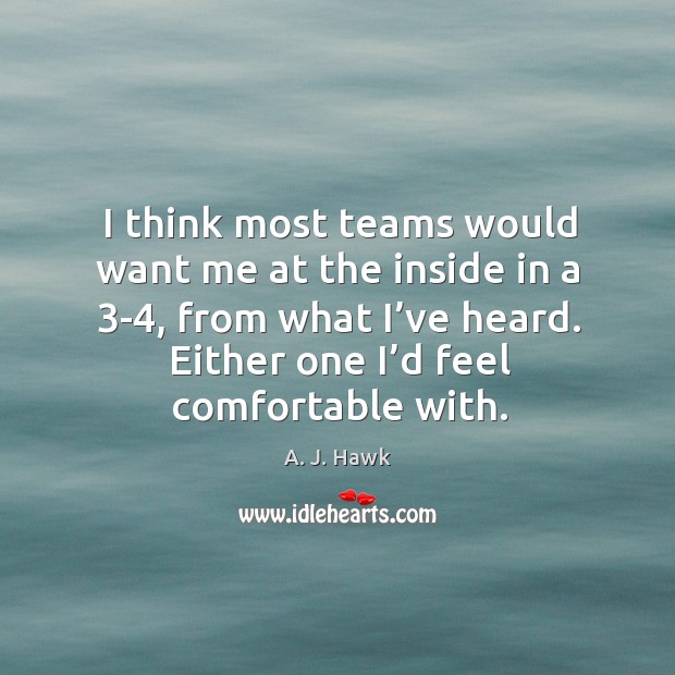 I think most teams would want me at the inside in a 3-4, from what I’ve heard. A. J. Hawk Picture Quote