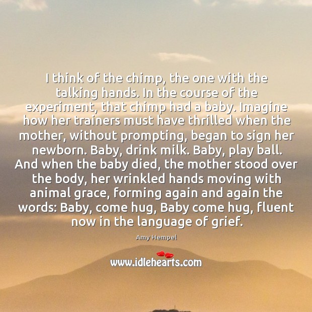 I think of the chimp, the one with the talking hands. In Amy Hempel Picture Quote