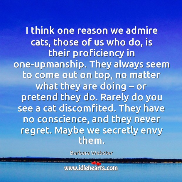 I think one reason we admire cats, those of us who do, is their proficiency in one-upmanship. Never Regret Quotes Image