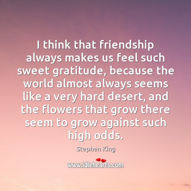I think that friendship always makes us feel such sweet gratitude, because Stephen King Picture Quote
