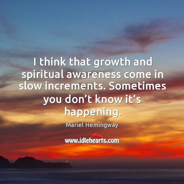 I think that growth and spiritual awareness come in slow increments. Sometimes you don’t know it’s happening. Mariel Hemingway Picture Quote