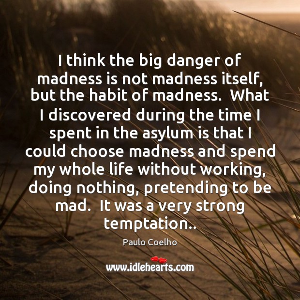 I think the big danger of madness is not madness itself, but Paulo Coelho Picture Quote