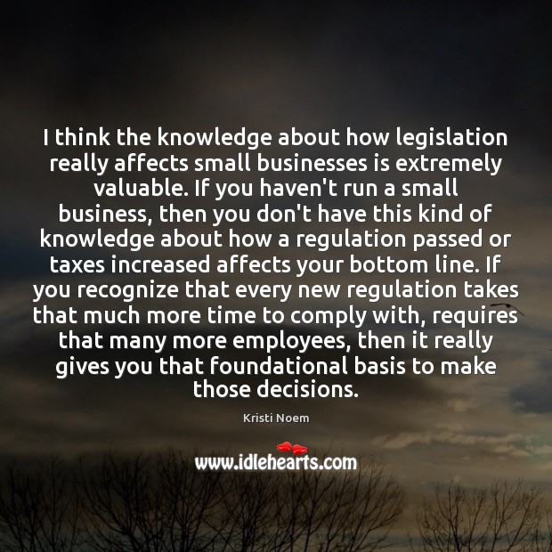 I think the knowledge about how legislation really affects small businesses is Kristi Noem Picture Quote