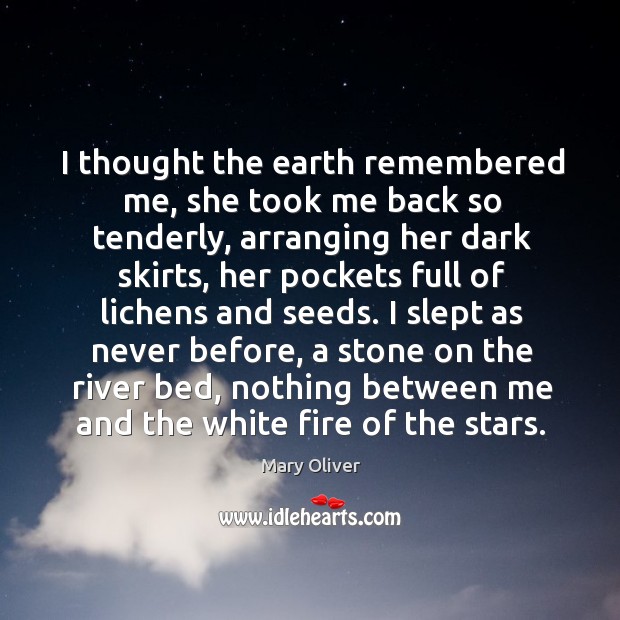 I thought the earth remembered me, she took me back so tenderly, Mary Oliver Picture Quote
